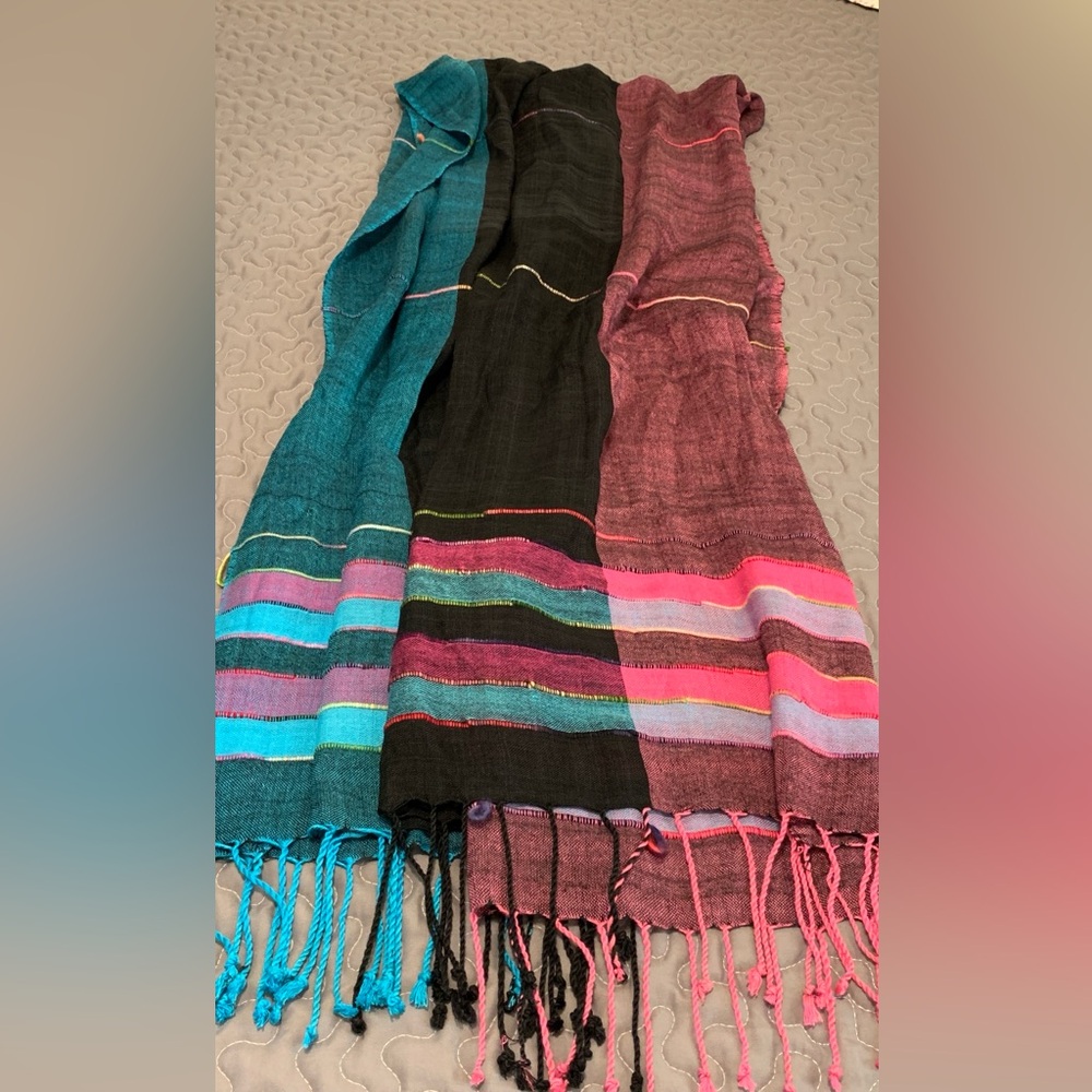 Pashmina Original 100% Cashmere Scarf, Blue Pink Black With Tassels